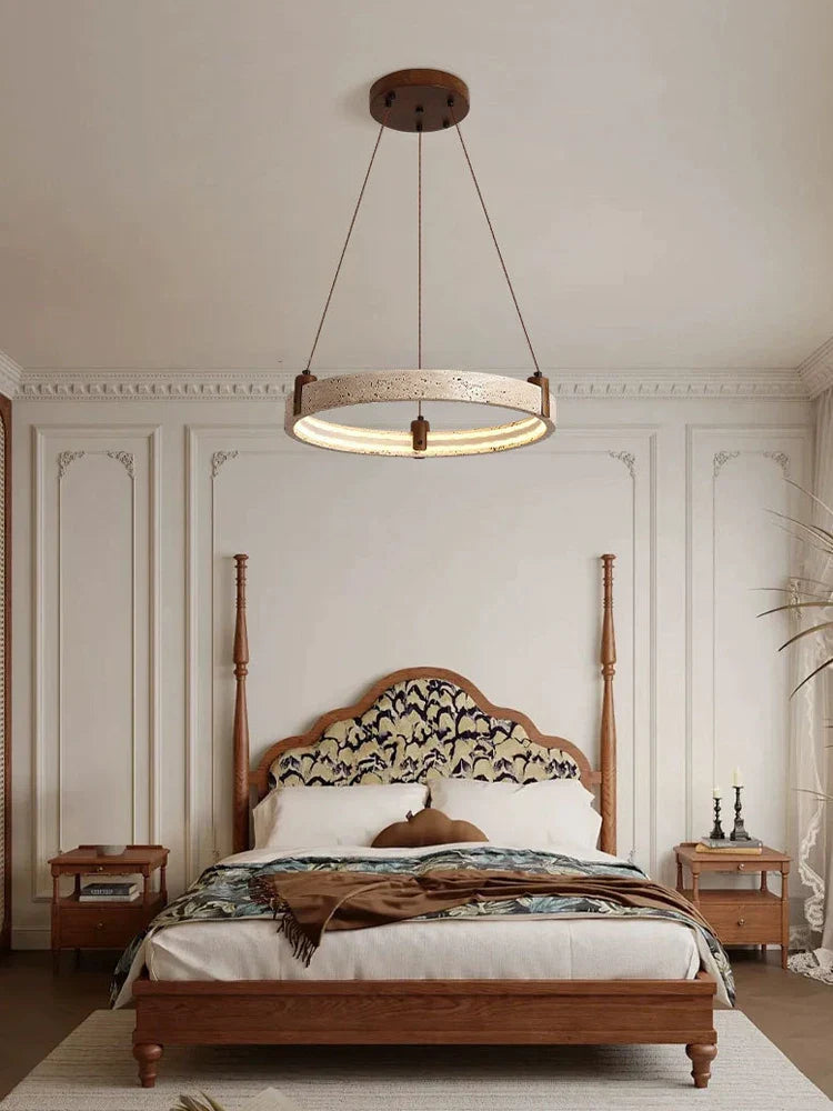 Natural Stone Wood Ring LED Chandelier for Dining & Living Room