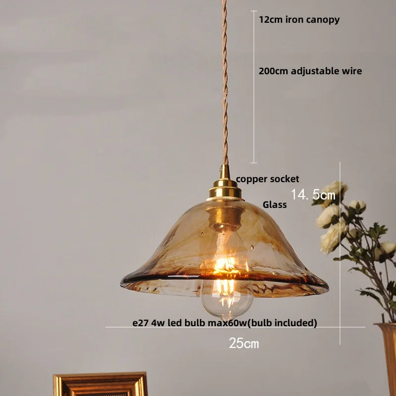 Wood Amber Glass LED Pendant Light Fixture - Nordic Modern Hanging Lamp