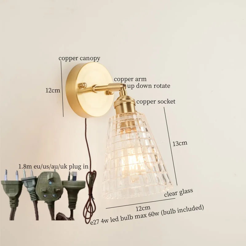 Afralia™ Striped Glass LED Wall Sconce Copper Arm Vintage Lampara Pared