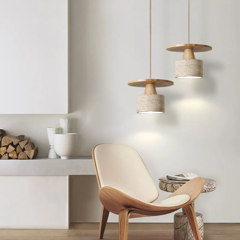 Yellow Travertine LED Pendant Lamp with Natural Wood Accent