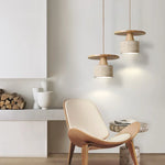 Yellow Travertine LED Pendant Lamp with Natural Wood Accent