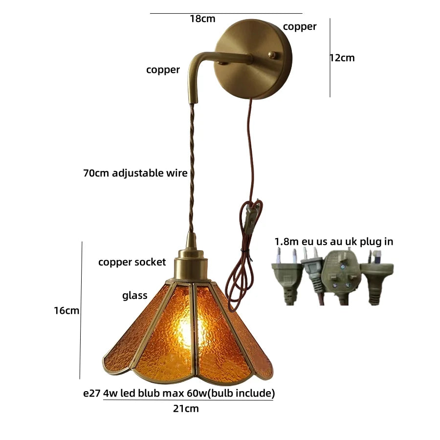 Blue Glass LED Wall Sconce Pull Chain Switch Staircase Tiffany Style Mirror Light