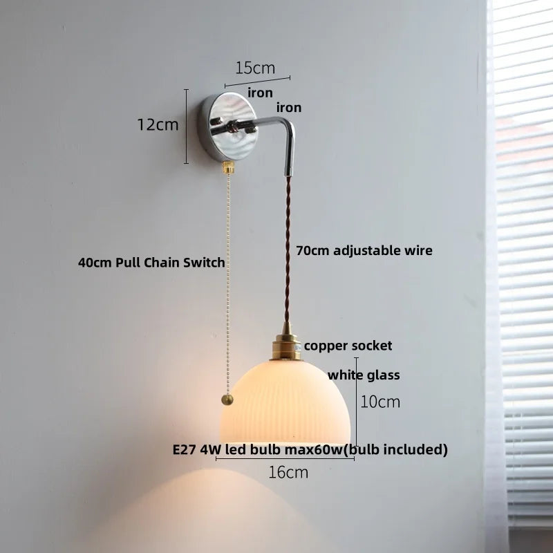 Ceramic Canopy LED Wall Lamp, Adjustable Wire, Pull Chain Switch