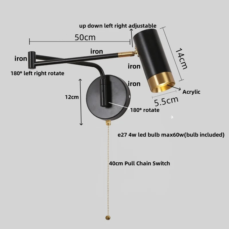 Acrylic Iron LED Wall Lamp | Modern Rotate Black Stair Light | Dining Room Study Fixtures