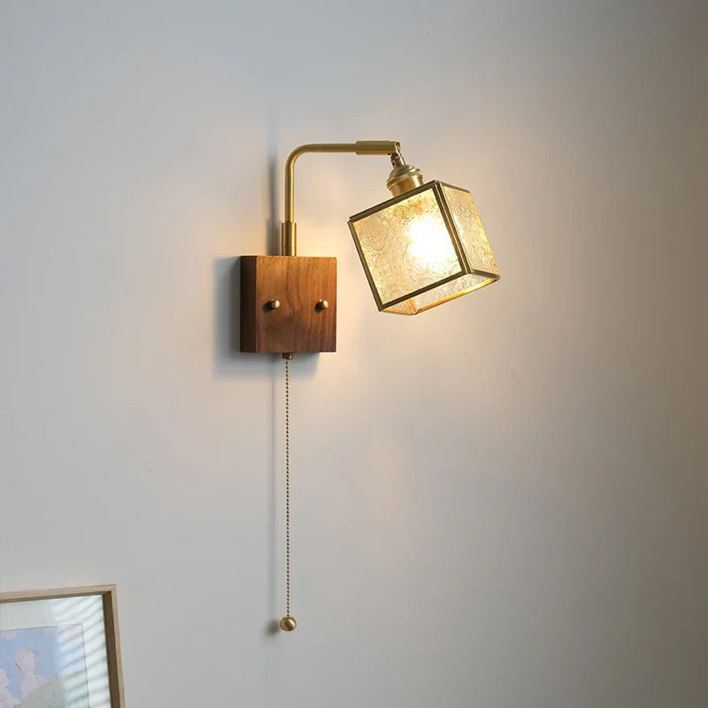 Wood Cube Glass LED Wall Lights with Pull Chain Switch for Modern Interiors