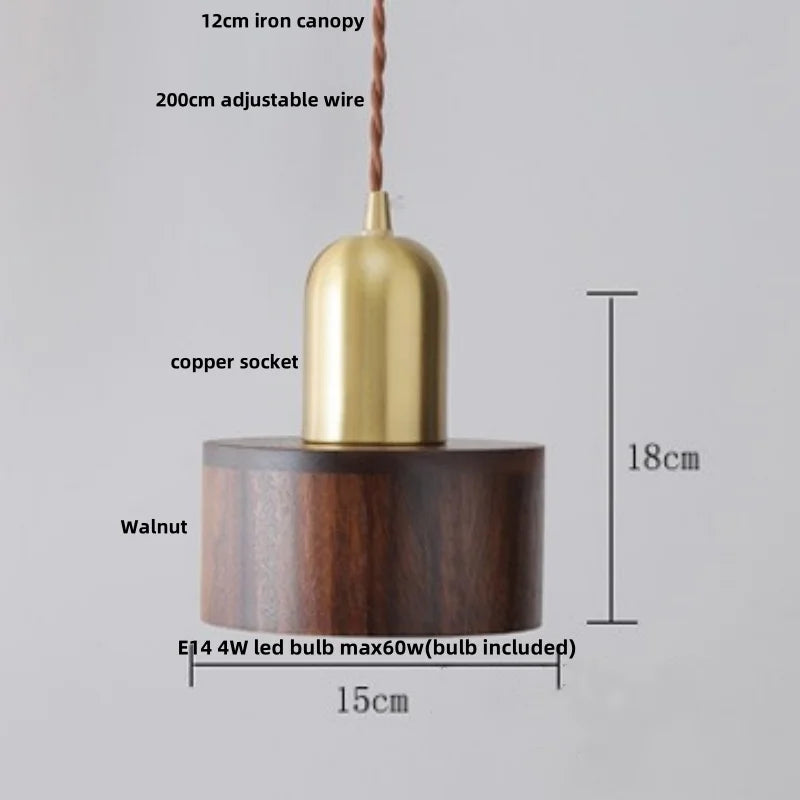 Copper Socket Walnut Wood LED Pendant Light Fixture for Dining Room
