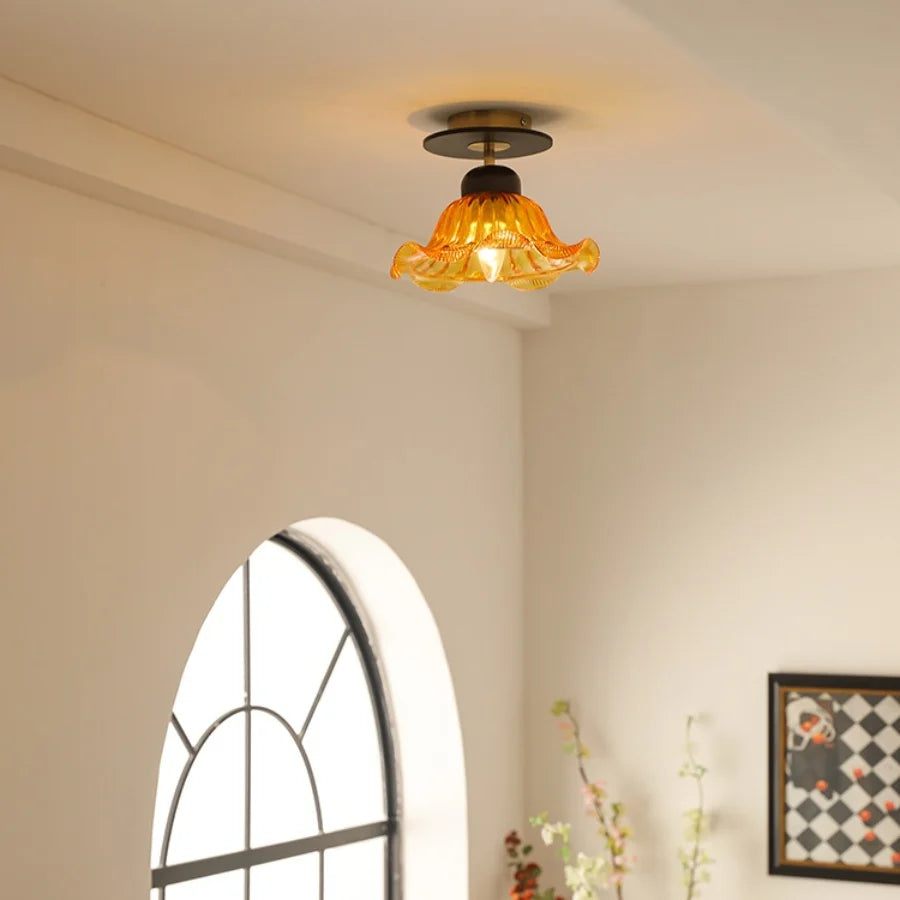 Amber Glass Ceiling Lamp Wood Nordic Modern Bedroom Bathroom Light