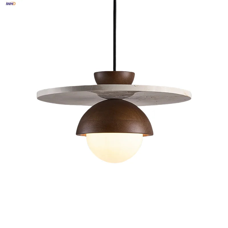 White Glass Ball LED Pendant Light - Modern Nordic Wood Home Decor EntityState -Yellow Travertine.