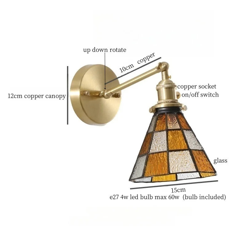 Tiffany Glass LED Wall Lamp Pull Chain Switch Vintage Copper Wall Lights