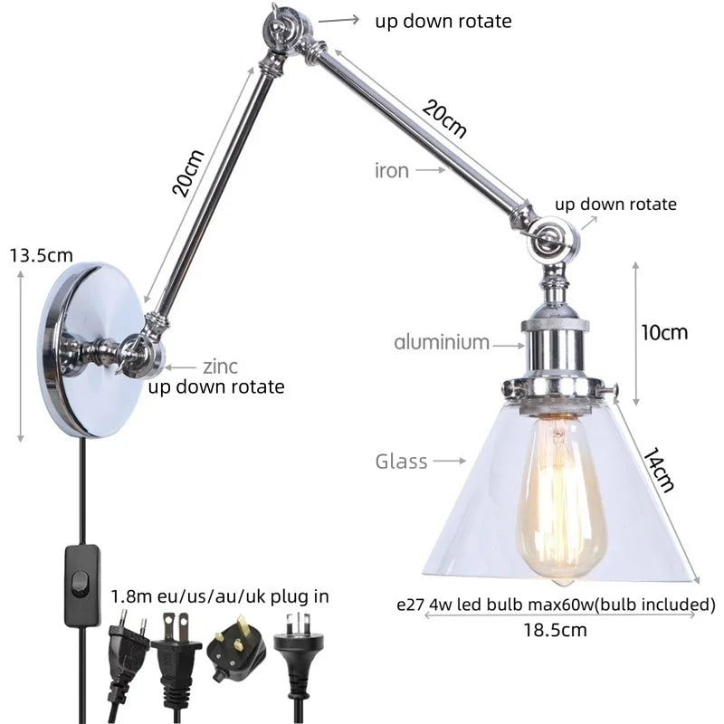 White Glass Swing Arm LED Wall Sconce for Industrial Loft, Coffee, Hallway
