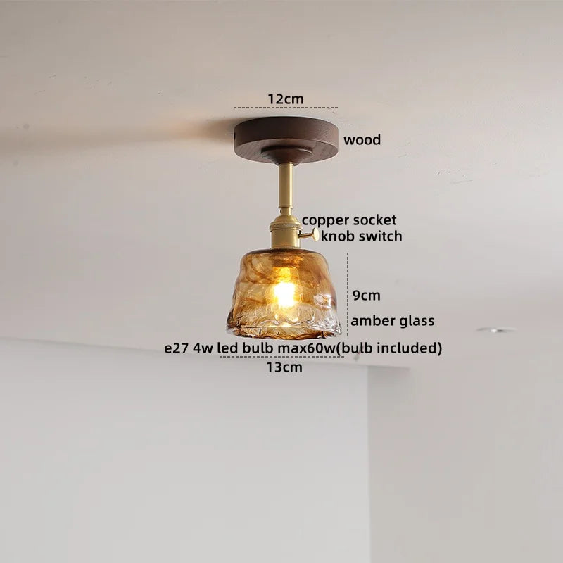 Amber Glass Copper LED Ceiling Light Fixture for Modern Home Decor