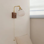 Afralia™ Globe Ceramic Walnut Wood Wall Light with Pull Chain Switch and Rotatable Design