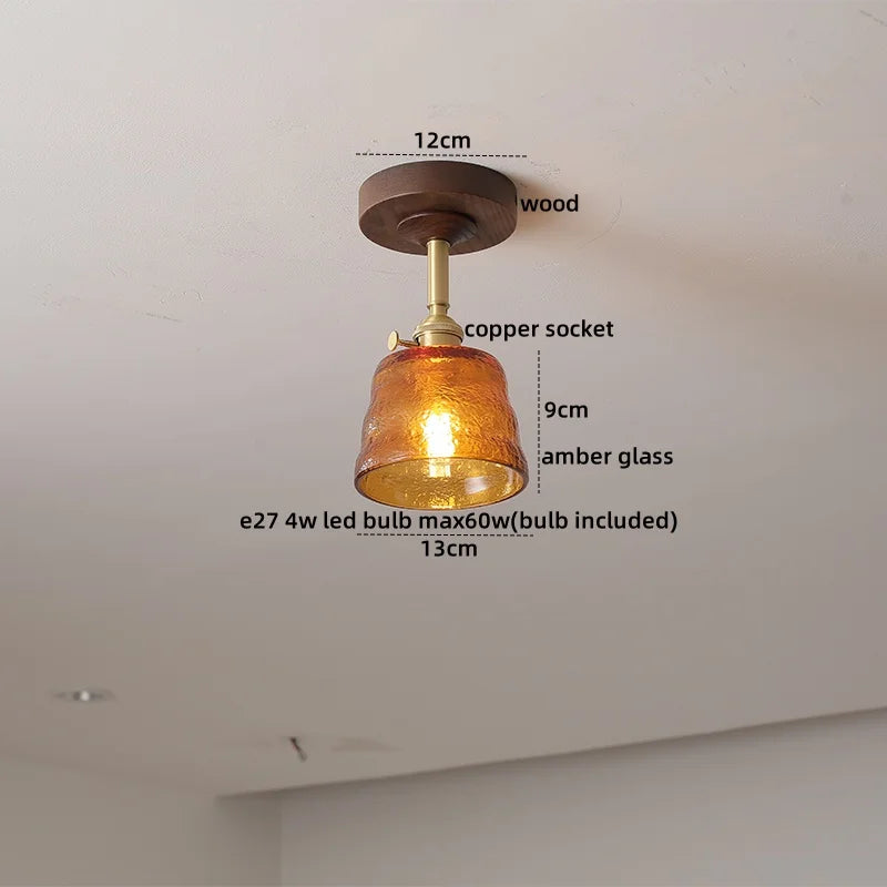 Amber Glass Copper LED Ceiling Light Fixture for Modern Home Decor