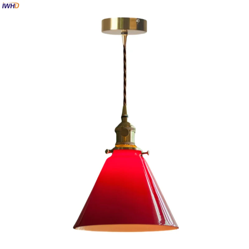 Afralia™ Red Glass LED Pendant Lamp American Style Vintage Copper Hanging Light