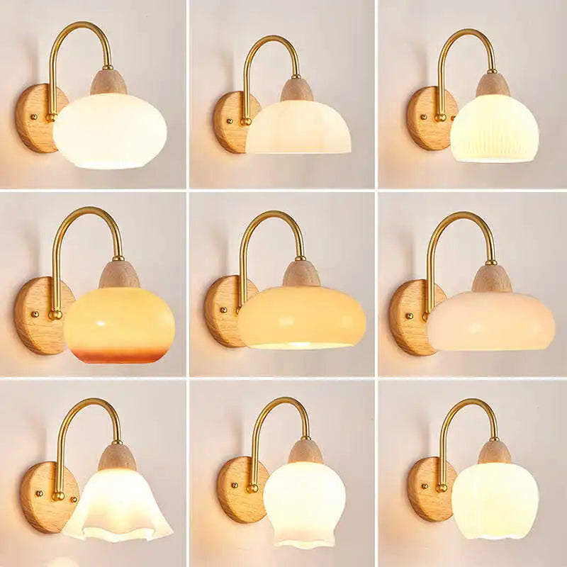 LED Glass Iron Wood Wall Light Fixture Modern Nordic Bedside Lamp