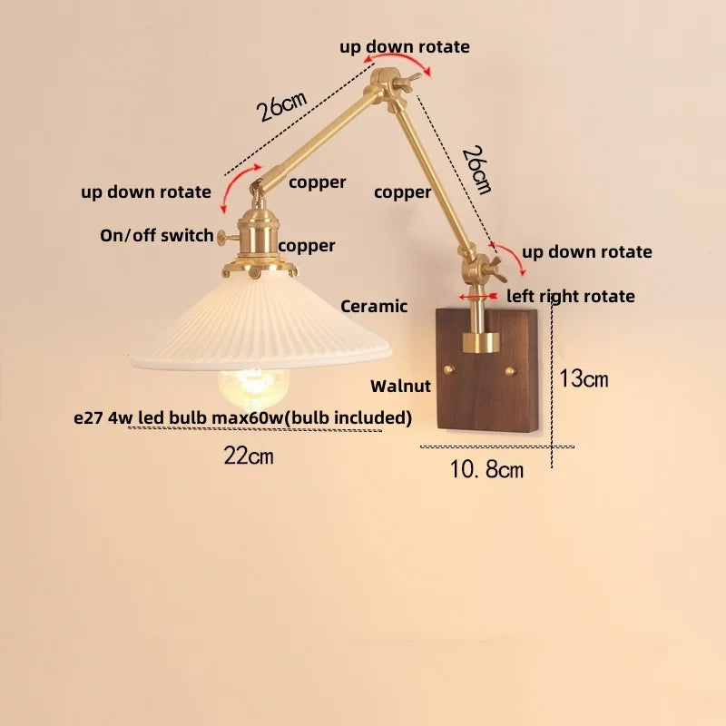 Rotatable Wood Ceramic LED Wall Sconce for Bedroom Study and Bar