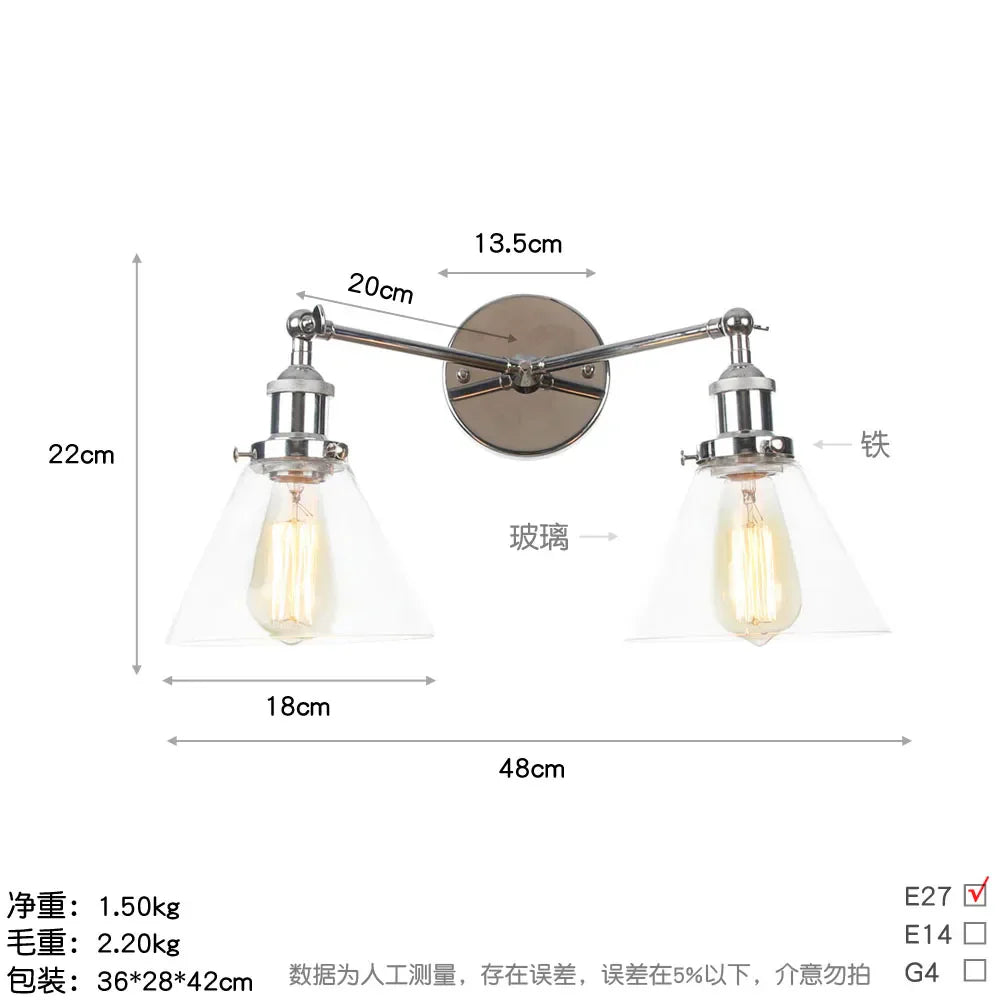 2 Head LED Wall Lamps Iron Glass Bedroom Stair Light Fixtures