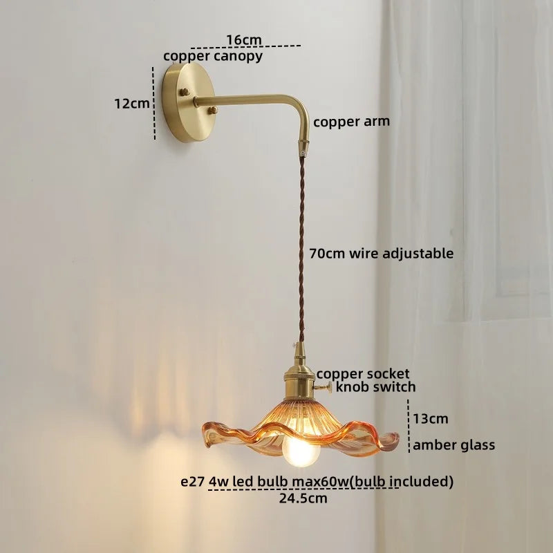 Glass Copper LED Wall Lights with Knob Switch, Modern Bedside Lamp