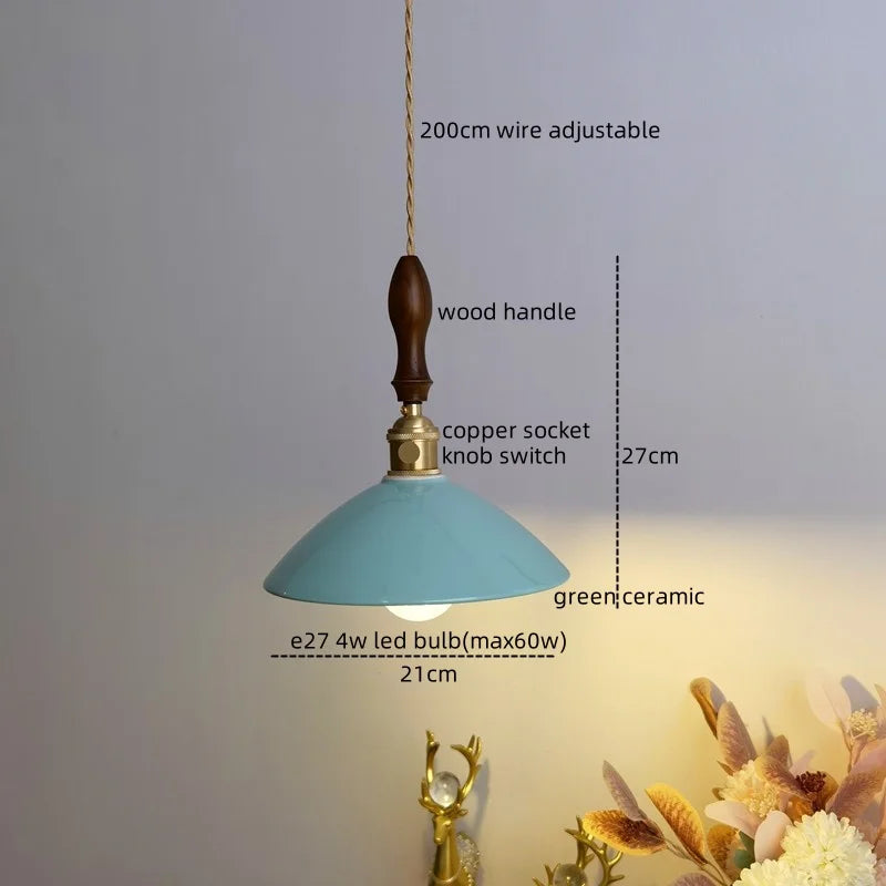 Ceramic LED Pendant Lamp: Modern Wood Handle Hanging Light Fixtures