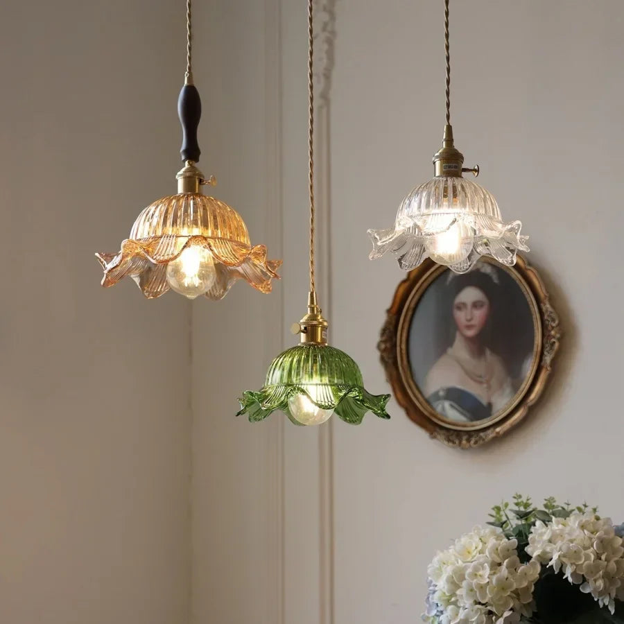 Afralia™ Nordic LED Flower Glass Pendant Light Fixture with Walnut Wood - Amber Glass