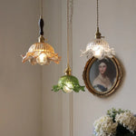 Afralia™ Nordic LED Flower Glass Pendant Light Fixture with Walnut Wood - Amber Glass