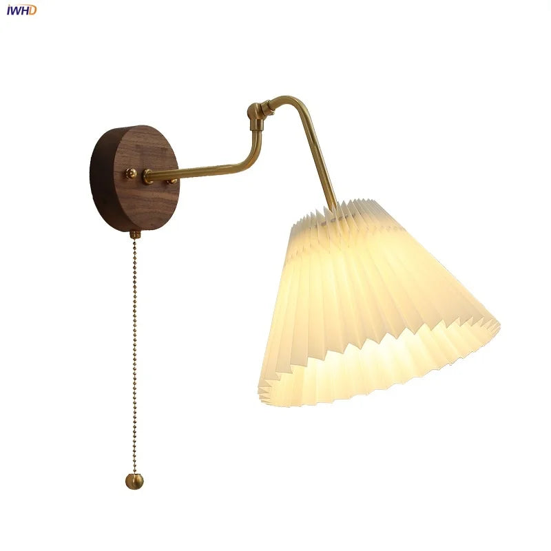 Rotating Copper LED Wall Light with Pull Chain Switch and Walnut Base