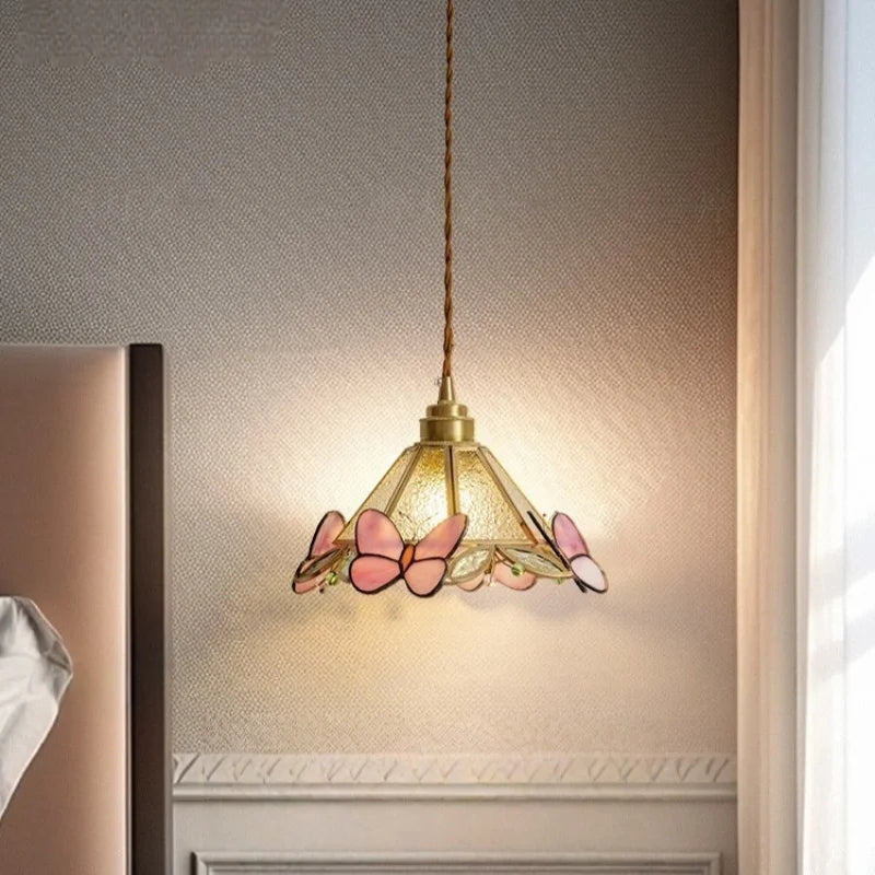 Tiffany Glass LED Pendant Light - Copper Vintage Hanging Lamp