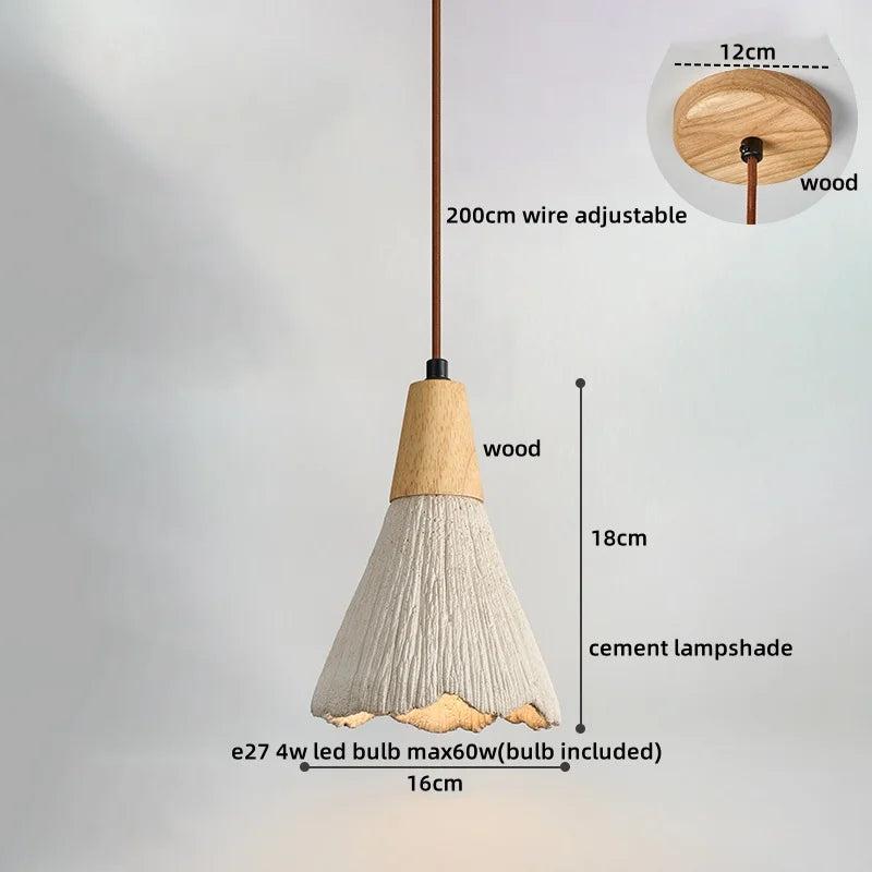 Wood Cement LED Pendant Light Fixture Adjustable Hanging Lamp