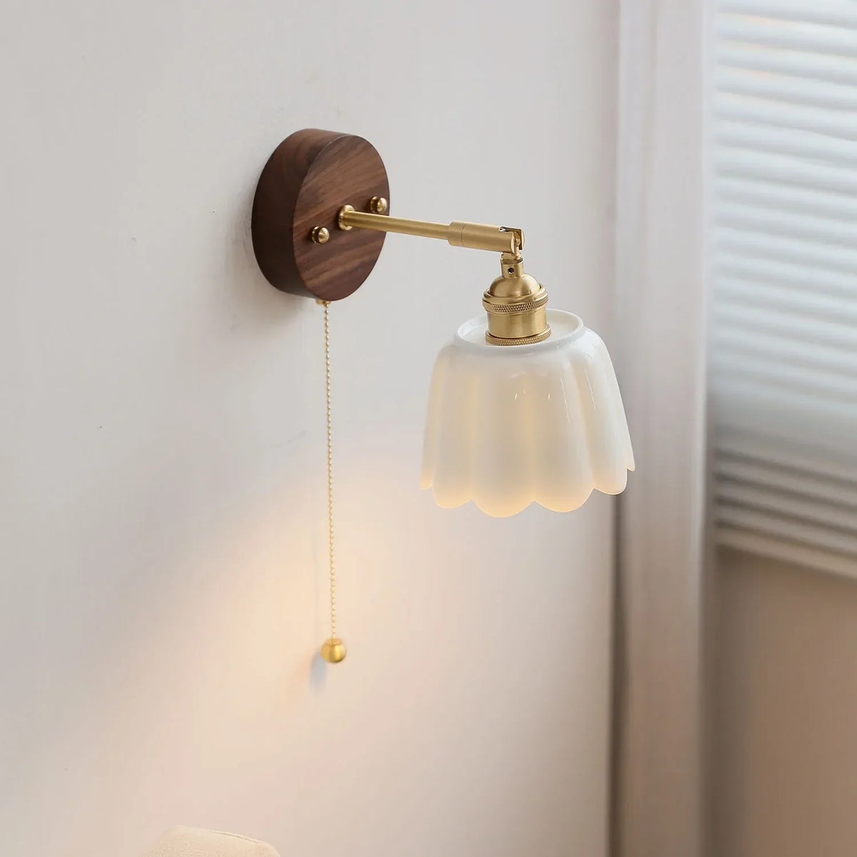 White Flower Ceramic LED Wall Sconce with Wood Base and Copper Rotate
