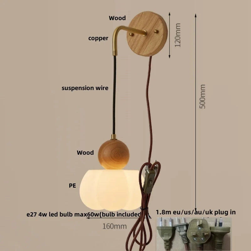 Afralia™ Walnut Wood LED Wall Sconce with Pull Chain Switch for Hotel, Bedroom, Bathroom, and Mirror