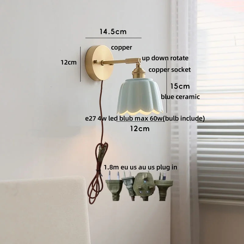 Copper Wall Light Fixture Bedroom Bedside Sconce White Ceramic Lamp