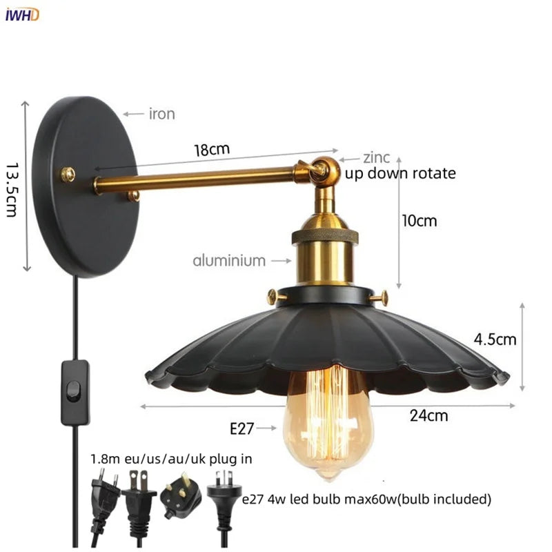 Gold Industrial LED Wall Lamp for Loft Stair & Bedroom Lighting
