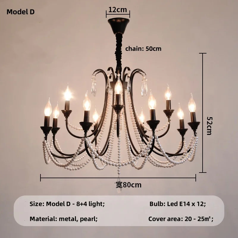 Black E14 Candle Chandelier: French Living Room Pendant Lighting for Home Decor