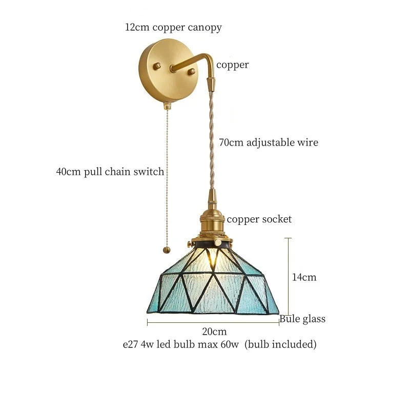 Tiffany Glass LED Wall Lamp Pull Chain Switch Vintage Copper Wall Lights