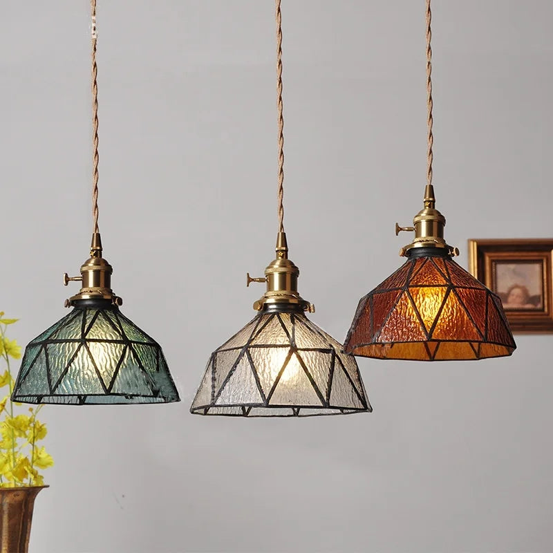 Blue Glass LED Pendant Light Fixture with Adjustable Copper Knob Switch