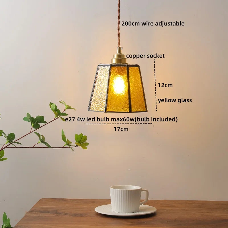 Amber Glass LED Pendant Light - Nordic Modern Copper Suspension Luminaire for Home