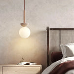 White Glass LED Pendant Lights Modern Yellow Travertine Wood Hang Lamp