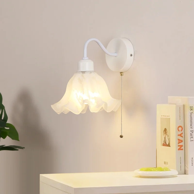 Afralia™ Glass Iron LED Wall Sconce Pull Chain Switch White Stair Light