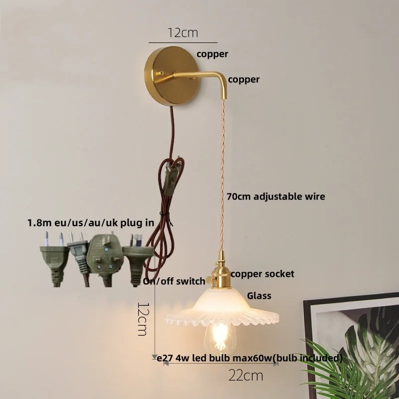White Glass LED Wall Lamp with Pull Chain Switch, Modern Nordic Design