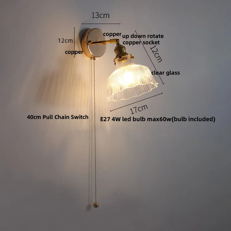 Glass Rotate Copper Wall Sconce | Pull Chain Switch LED Light Fixture