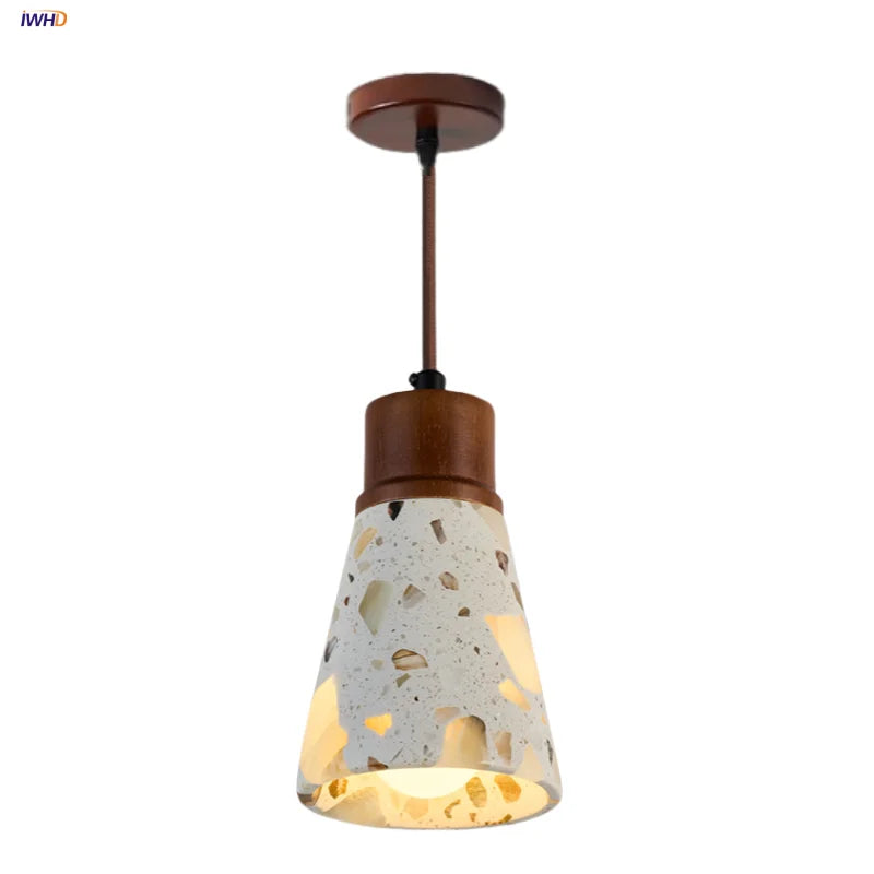 Afralia™ Terrazzo Stone LED Pendant Light - Brown Wood Wabi Sabi Decor