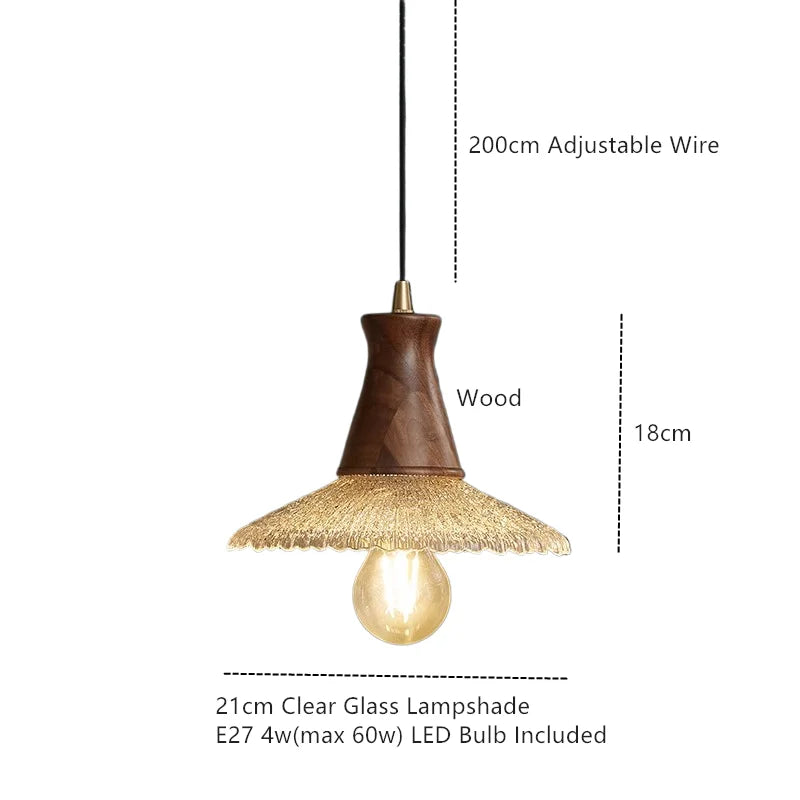 Wood LED Pendant Light with Clear Glass Shade, E27 LED, Japanese-Style Suspension Luminaire