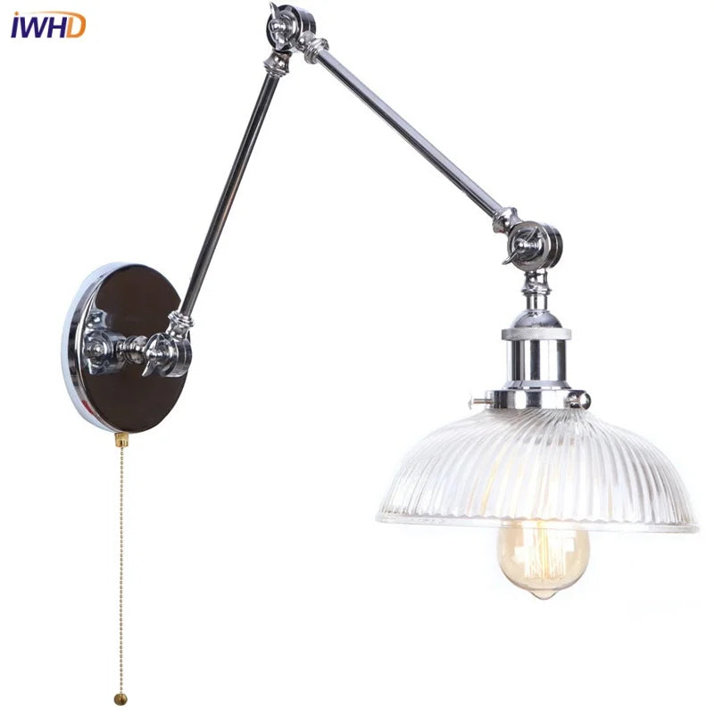 Vintage Loft LED Wall Lights Pull Chain Switch Glass Chrome Wall Lamp