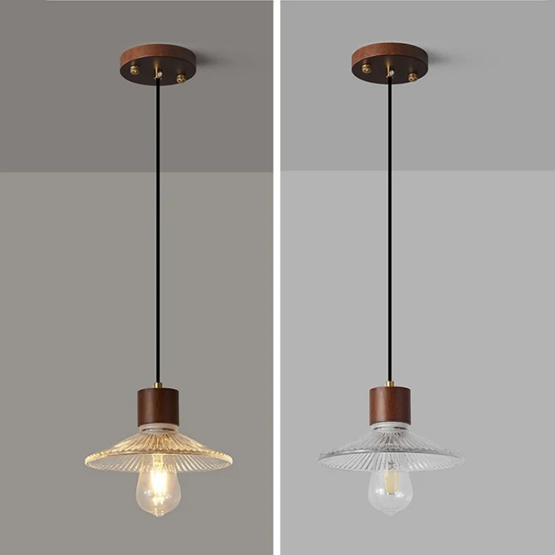 Wood Glass LED Pendant Lights Adjustable Modern Hanging Lamp