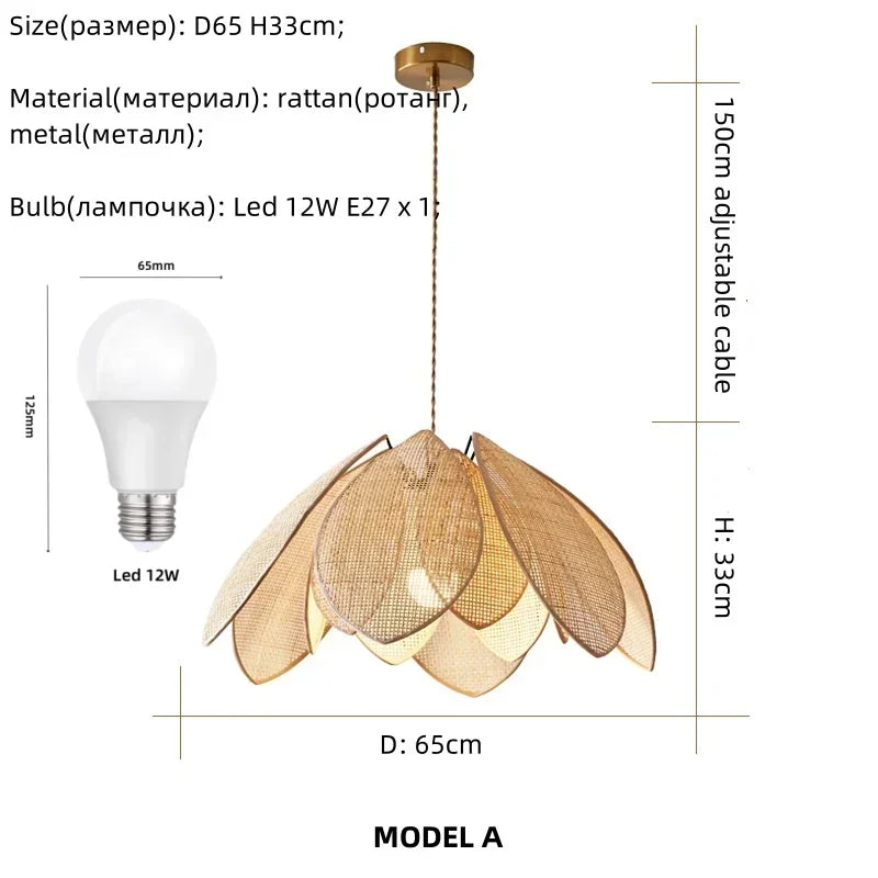 Rattan Petal Chandelier: Modern Nordic Wabi Sabi LED Pendant Light