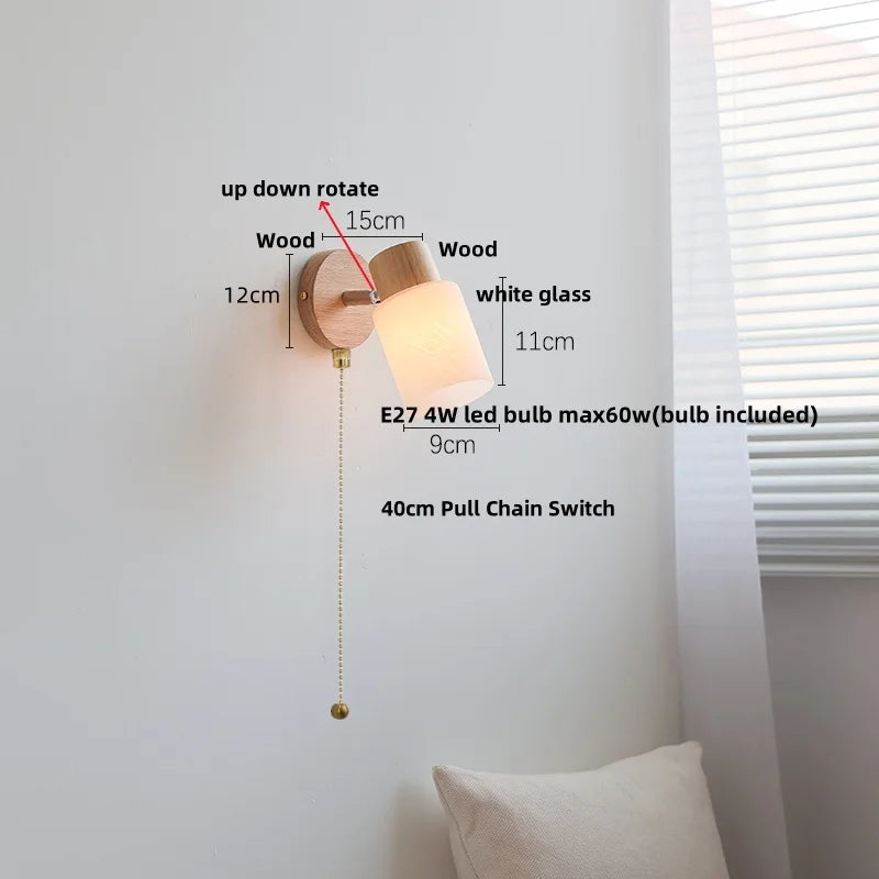 Modern LED Wall Sconce Light Fixture, Wood Canopy, White Glass, Nordic Design