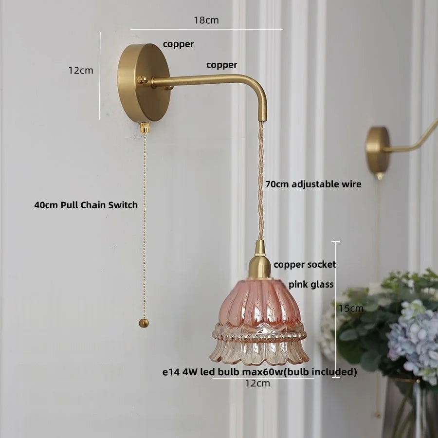 Amber Glass LED Wall Light with Pull Chain Switch, Modern Nordic Flower Wall Sconce