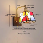 Amber Glass LED Wall Sconce with Walnut Wood, Pull Chain Switch for Living Room