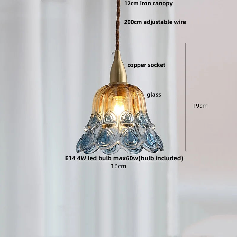 Copper Socket LED Pendant Light with Phenix Glass Shade, Adjustable Hanging Lamp