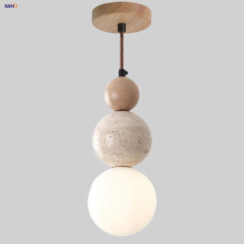 White Glass LED Wood Ball Pendant Light Fixture for Bedroom Living Room